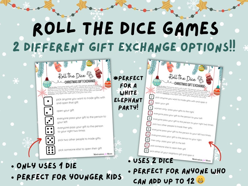 Puede incluir: Dos tarjetas de juego de intercambio de regalos de Navidad imprimibles con instrucciones para un juego de dados. La primera tarjeta dice "Roll the Dice - Christmas Gift Exchange" y tiene instrucciones para un juego usando un dado. La segunda tarjeta dice "Roll the Dice - Christmas Gift Exchange" y tiene instrucciones para un juego usando dos dados. Ambas tarjetas tienen un tema invernal con adornos y guantes.