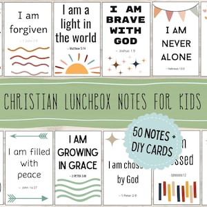 Op de afbeelding: Een verzameling christelijke lunchboxbriefjes voor kinderen, met affirmaties als "Ik ben voor altijd geliefd" en "Ik ben dapper met God". De briefjes staan op witte kaarten met kleurrijke ontwerpen en tekst. De set bevat 50 briefjes en doe-het-zelf kaarten.