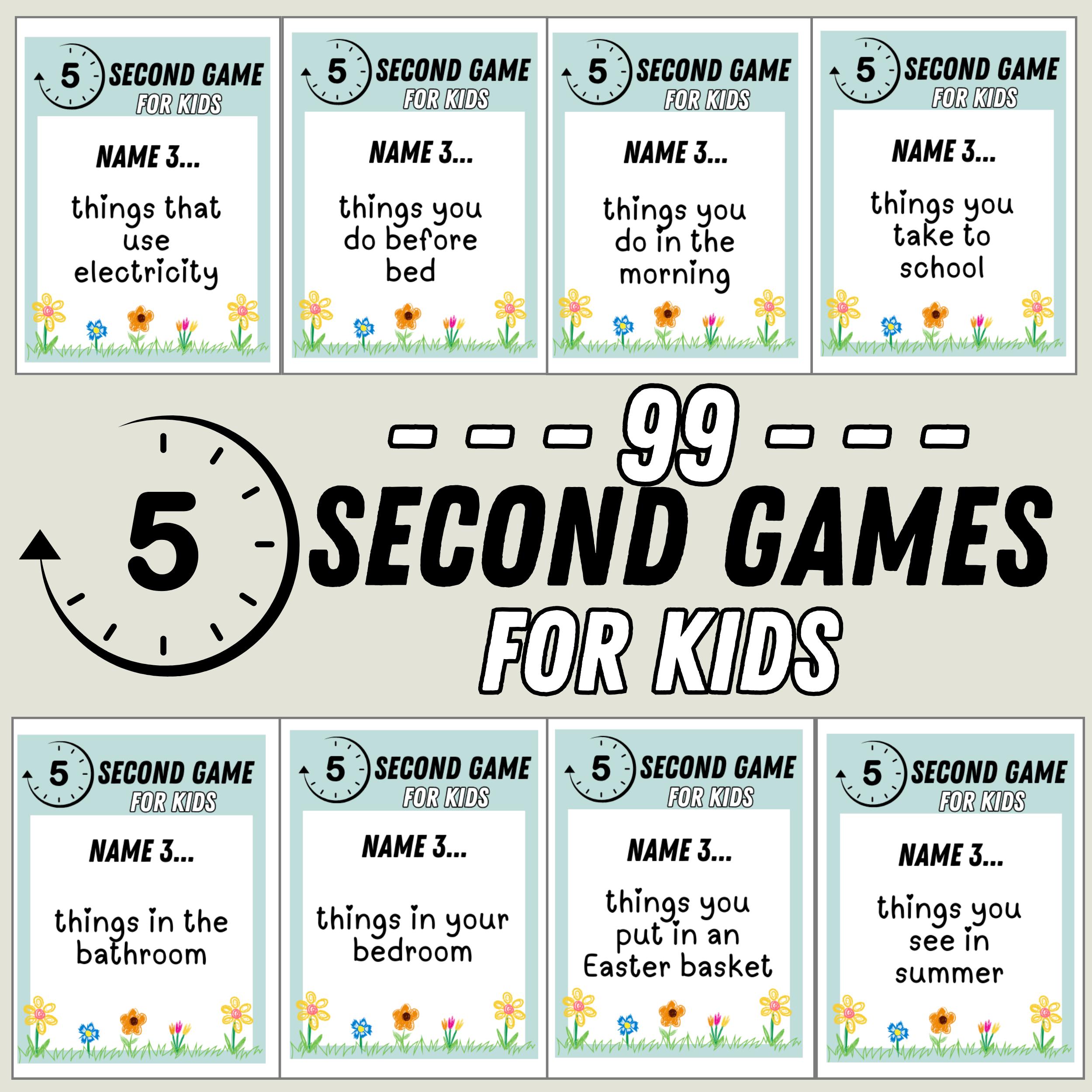 5 Second Game for Kids - 99 Game Cards Printable PDF Fun Icebreaker, Get to Know You Think Quick Camp, Family,Class,Birthday Party Game
