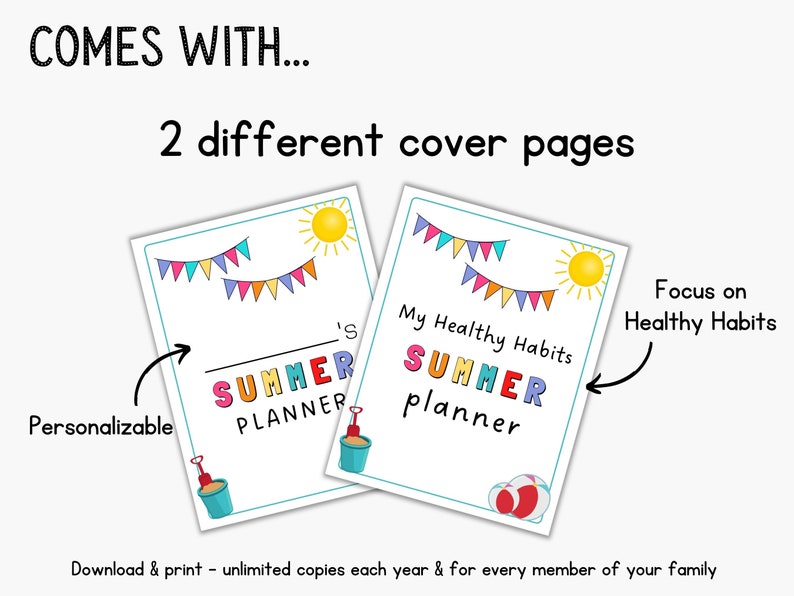 K&ouml;nnte beinhalten: Zwei druckbare Sommerplaner-Cover. Ein Cover zeigt ein buntes Banner, eine Sonne und den Text "SUMMER PLANNER". Das andere Cover zeigt ein buntes Banner, eine Sonne und den Text "My Healthy Habits SUMMER planner".