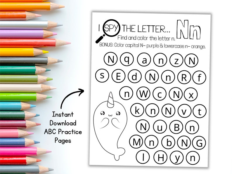 May include: A printable worksheet for kids to practice identifying the letter 'n'. The worksheet features a cartoon narwhal and a grid of circles with letters. The instructions say to find and color the letter 'n', and to color capital 'N' purple and lowercase 'n' orange.