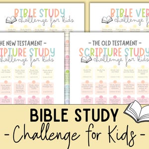 May include: Colorful Bible study and scripture study challenges for kids. The image features multiple cards with titles like "Bible Study Challenge for Kids" and "Scripture Study Challenge for Kids". The cards have pastel color schemes and include text such as "The New Testament" and "The Old Testament".