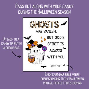 Puede incluir: Tarjeta tem&aacute;tica de Halloween con un fantasma de dibujos animados con sombrero de bruja, piruleta y cesta de caramelos. La tarjeta incluye el texto: "Los fantasmas pueden desaparecer, pero el Esp&iacute;ritu de Dios est&aacute; siempre contigo - Juan 14:16."
