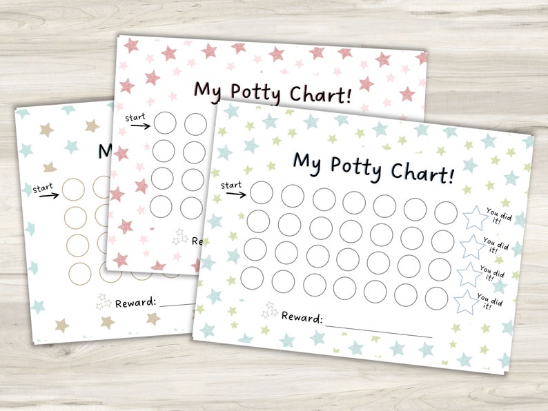 Peut inclure: Trois tableaux d'apprentissage de la propret&eacute; imprimables avec un motif d'&eacute;toiles. Chaque tableau a une fl&egrave;che de d&eacute;part, des cercles &agrave; colorier et une section de r&eacute;compense. Les tableaux sont intitul&eacute;s "Mon tableau de propret&eacute; !" et ont le texte "Vous avez r&eacute;ussi !" sur le c&ocirc;t&eacute; droit.