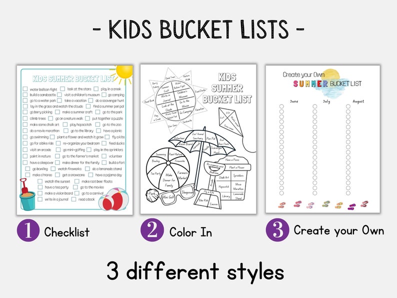 K&ouml;nnte beinhalten: Drei druckbare Sommer-Bucket-Listen-Designs. Die erste ist eine Checkliste mit einer Vielzahl von Sommeraktivit&auml;ten. Die zweite ist eine Malvorlage mit einer Strandszene. Die dritte ist eine leere Checkliste mit Platz zum Eintragen von Aktivit&auml;ten f&uuml;r Juni, Juli und August.
