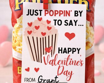 Printable Popcorn Valentine Card | Just Poppin’ By Valentine | Classroom Valentine for Kids | Popcorn Valentine Tag | Instant Download