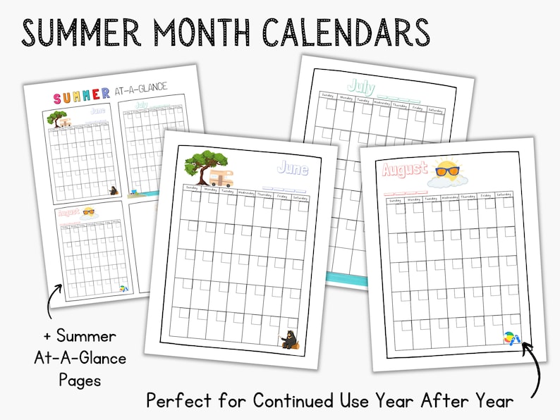 K&ouml;nnte beinhalten: Druckbare Sommermonatskalender mit Illustrationen eines Wohnmobils, eines Picknicktisches, einer Sonne und eines Sonnenschirms. Die Kalender umfassen Juni, Juli und August. Der Text "SUMMER AT-A-GLANCE" befindet sich oben auf der Seite.