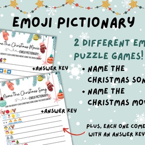 Puede incluir: Dos juegos de emoji imprimibles con tem&aacute;tica navide&ntilde;a. Los juegos se titulan "Adivina la pel&iacute;cula navide&ntilde;a" y "Adivina la canci&oacute;n navide&ntilde;a". Cada juego tiene una lista de emojis y un espacio en blanco para que los jugadores escriban el nombre de la pel&iacute;cula o la canci&oacute;n.