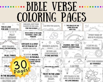 May include: A set of 30 printable coloring pages featuring Bible verses. Each page includes a different verse and a simple illustration to color. The pages are black and white and ready to be printed and colored.