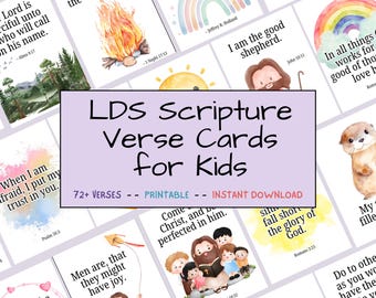 Peut inclure: Ensemble de cartes de versets des Écritures LDS pour enfants. Les cartes présentent des illustrations à l'aquarelle et des versets bibliques. Le texte "LDS Scripture Verse Cards for Kids" est affiché. Cartes pour enfants.