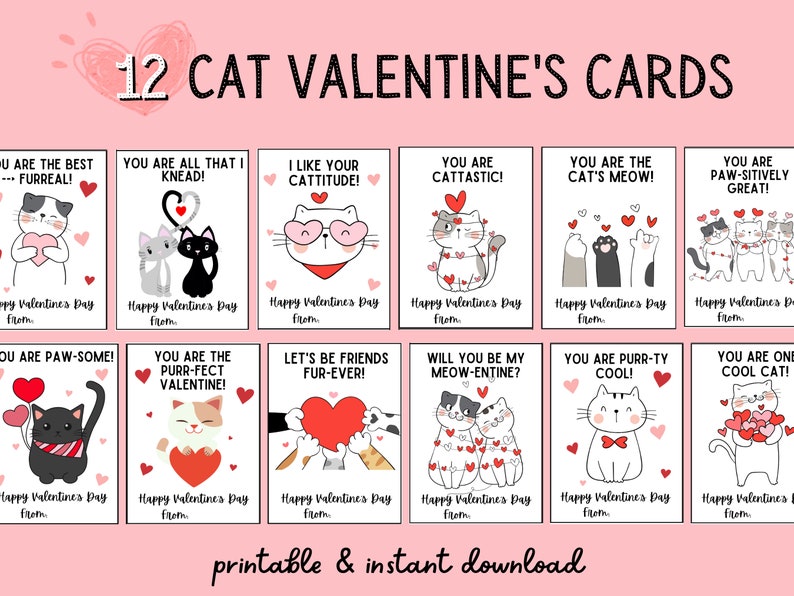 Cute Cat Valentines Day Cards Printable Cat Valentines for - Etsy