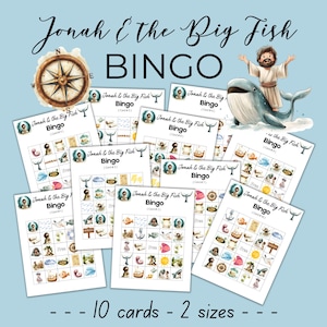 May include: A set of ten "Jonah & the Big Fish" Bingo cards in two sizes, featuring watercolor illustrations of biblical scenes. The cards have a light blue background and include images of a compass, whale, and Jonah. The word "BINGO" is prominently displayed.
