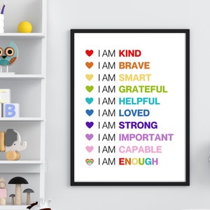 Affermazioni positive per bambini / Poster di affermazioni &quot;Io sono&quot; / Poster motivazionale / Arte in classe / Arte murale per la sala giochi / Decorazione per la scuola domestica
