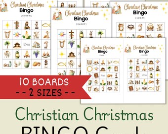 May include: A collection of Christian Christmas Bingo cards. The cards feature illustrations of religious symbols and nativity scenes. The text on the cards reads "Christian Christmas Bingo" and includes the card number. The image also shows "10 BOARDS - - 2 SIZES - -" and "Christian Christmas BINGO Cards".