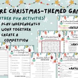 Puede incluir: Un conjunto de juegos de Navidad imprimibles para ni&ntilde;os. Los juegos incluyen una b&uacute;squeda de palabras de Navidad, un juego de palabras de Navidad, un juego de Navidad alrededor del mundo, una b&uacute;squeda del tesoro de Navidad, un juego de Navidad de la A a la Z, un juego de Navidad de &iquest;Qu&eacute; preferir&iacute;as? y un juego de &iquest;Conoces la canci&oacute;n de Navidad?. Cada juego tiene una hoja de respuestas.