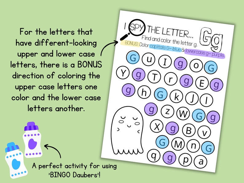 May include: A printable worksheet for kids to practice identifying the letter 'g' in uppercase and lowercase. The worksheet features a ghost and a grid of letters. The instructions say to color the uppercase 'G' blue and the lowercase 'g' purple.