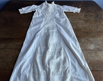 Antique 1900 White Cotton Long Christening Gown Pleats Embroidery