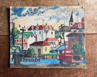 Vintage Seaside Town Painting