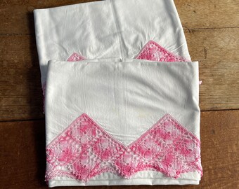 Pair of Vintage 1950s Pink Crochet Cotton Pillowcases