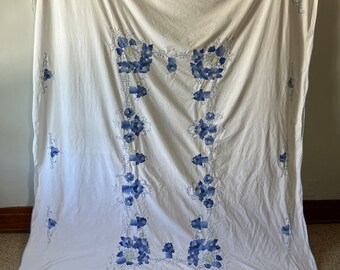 Vintage Applique Cotton Tablecloth Blue Leaves