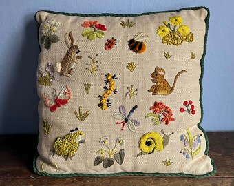 Vintage 1960s 1970s Embroidered Animal Throw Pillow