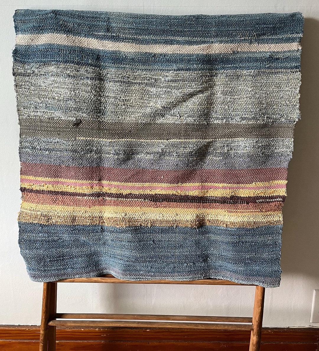 Vintage Antique Striped Rag Rug Blues Small Runner Throw Rug - Etsy