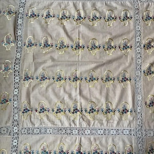Vintage 1940s 1950s Embroidered Flower Baskets and Crochet Tablecloth