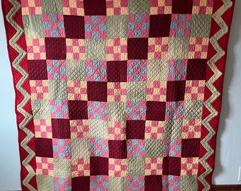 Antique 1900 Nine Patch Hand Stitched Quilt Crimson Red Green