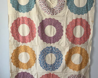 Vintage 1940s Feedsack Dresden Plate Quilt Top with Extra Blocks Hand Stitched