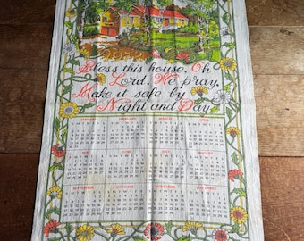 Vintage 1972 Bless This House Calendar Tea Towel Cotton as is