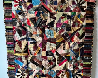 Antique 1890s Crazy Quilt Silk Velvet Stitching