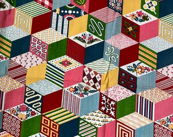 Vintage 1960s Cheater Quilt Print Tumbling Blocks Fabric