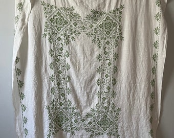 Vintage 1960s Green Linen Cross Stitch Tablecloth