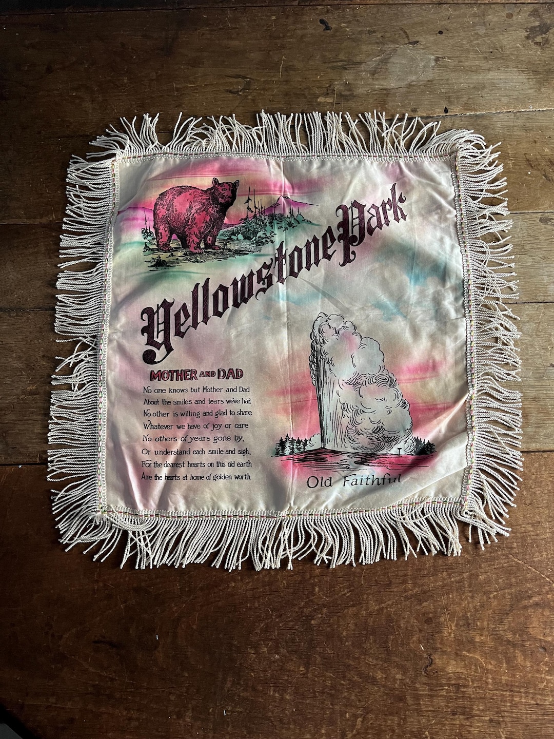 Vintage 1940s 1950s Yellowstone Souvenir Pillow Cover Mother and