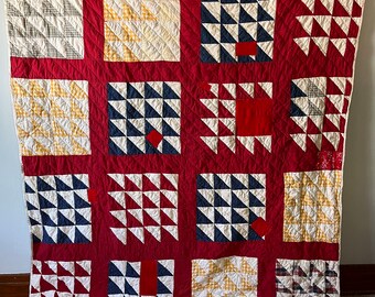 Antique 1900 Red Indigo Half Square Triangle Quilt