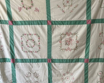 Vintage 1940s Embroidered Quilt Top Pink Green Flowers