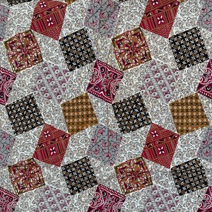 May include: A seamless pattern featuring a variety of geometric shapes in shades of brown, red, black, and white. The pattern is made up of squares and diamonds with intricate designs.