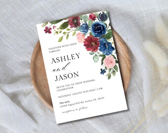 Burgundy Navy Blush Floral Wedding Invitation, 5 x 7 in. Editable Invitation Template, Instant Download