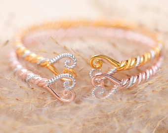 Double Heart Twisted Bangle, Adjustable Bracelet, 24k Gold and Rose Gold plated, Adult, Hmong Charms