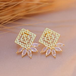Rhinestone House Stud Earrings, 925 Sterling Silver with 24k gold plated