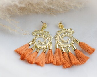 Hmong Heart Tassel Earrings: Gold Filigree Swirl Jewelry