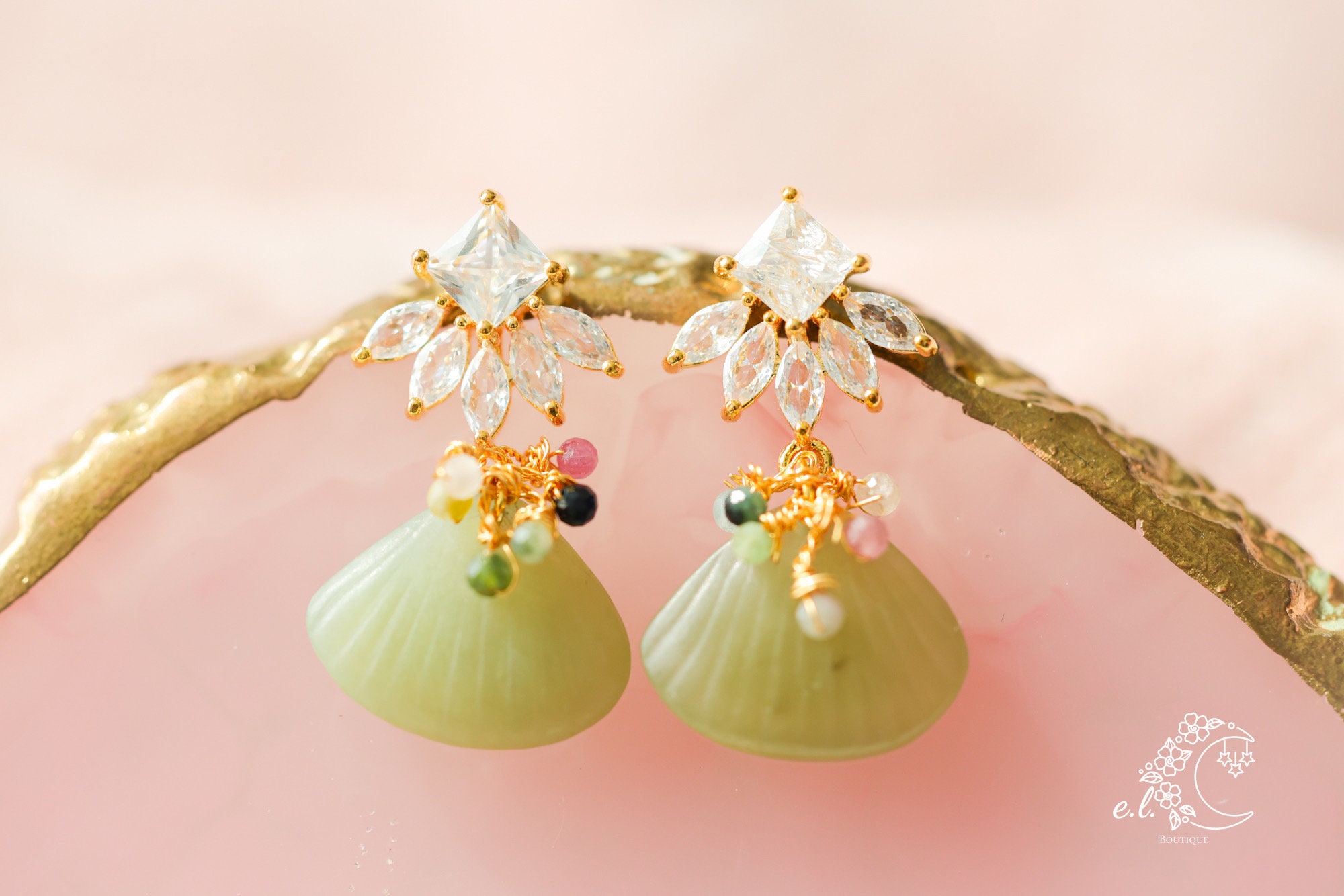 Jade Seashell Rhinestone Earrings, Tourmaline Beads, 925 Sterling Silver Post