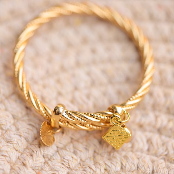 Adjustable Baby Toddler Twisted Bangle, Bracelet, 18K Gold plated, Hmong Charms