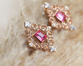 Hmong Inspired Rhinestone Earrings: Emerald & Fuchsia Holiday Jewelry