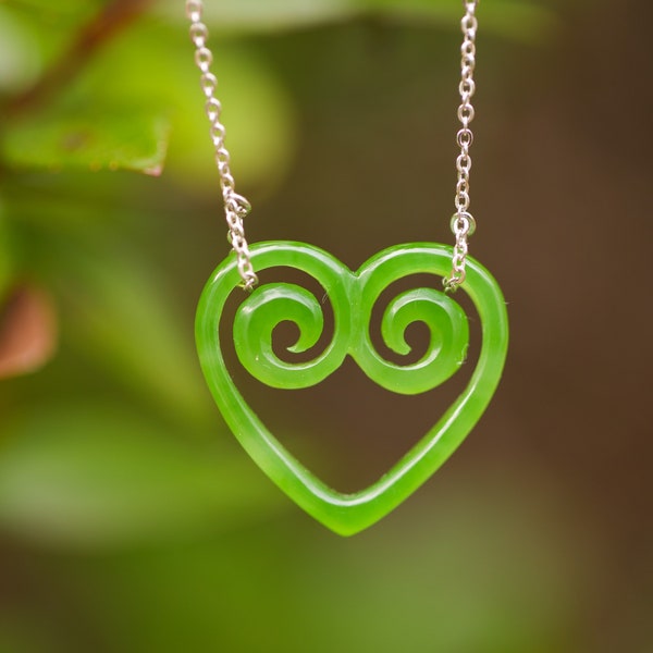 Handcarved Jade Heart Necklace, 925 Sterling Silver Chain, Natural Stones, Green Nephrite Jade, Grade A, Gift For Her