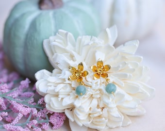 Flower Dangle Earrings: Blue Jade, Gold Plated Posts