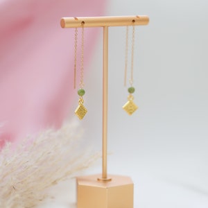 18k gold Hmong Jade Thread Earrings, jade dangle, thread earrings, stainless steel, Gift for her