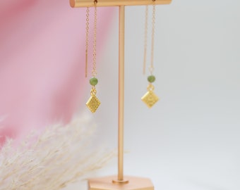 18k Gold Hmong Jade Dangle Earrings: Stainless Steel Thread