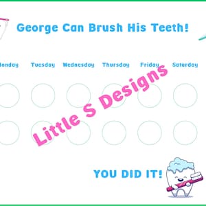 Tabla de recompensas imprimible para el cepillado de dientes, tabla personalizada para recompensar al niño por cepillarse los dientes.