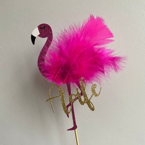 Flamingo Cake Topper, Personalised Flamingo Cake Topper, Tropical Theme Cake Decor, Flamingo Glitter and Feather Topper